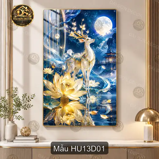 Tranh tráng gương Hươu 013 hiện đại sáng đẹp treo dọc decor tường phòng khách