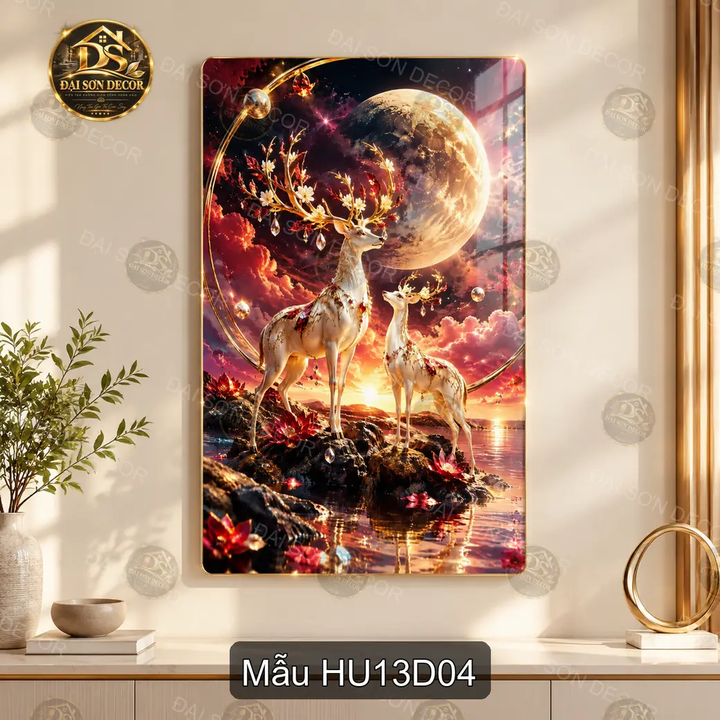 Tranh tráng gương Hươu 013 hiện đại sáng đẹp treo dọc decor tường phòng khách