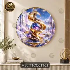 Tranh tròn tráng gương Trừu tượng cao cấp 001 nghệ thuật vàng xanh decor phòng khách
