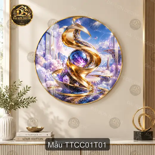 Tranh tròn tráng gương Trừu tượng cao cấp 001 nghệ thuật vàng xanh decor phòng khách