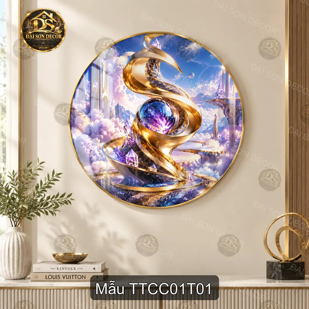 Tranh tròn tráng gương Trừu tượng cao cấp 001 nghệ thuật vàng xanh decor phòng khách