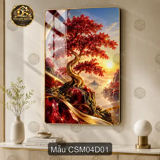 Tranh tráng gương cây sinh mệnh 004 sắc đỏ hoàng hôn decor phòng khách sang trọng CSM04D01