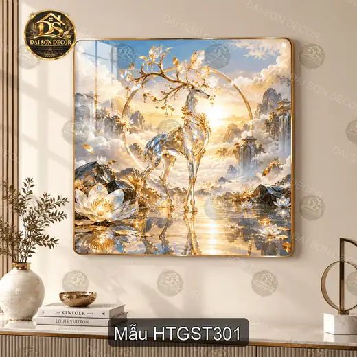 Tranh tráng gương Hươu thần giữa sơn thủy 3 trang trí phòng khách quà tặng