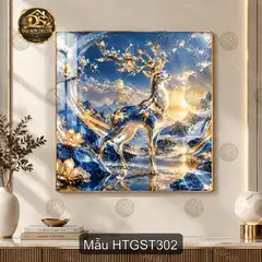 Tranh tráng gương Hươu thần giữa sơn thủy 3 trang trí phòng khách quà tặng
