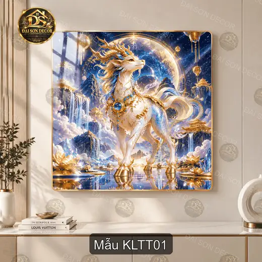 Tranh tráng gương vuông Kỳ Lân Thần Thoại decor phòng khách mẫu KLTT01