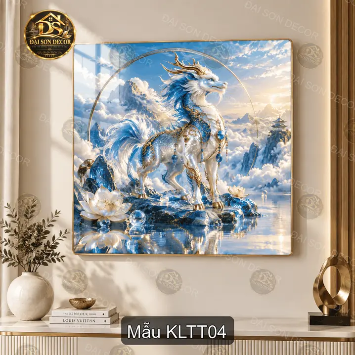 Tranh tráng gương vuông Kỳ Lân Thần Thoại decor phòng khách mẫu KLTT01