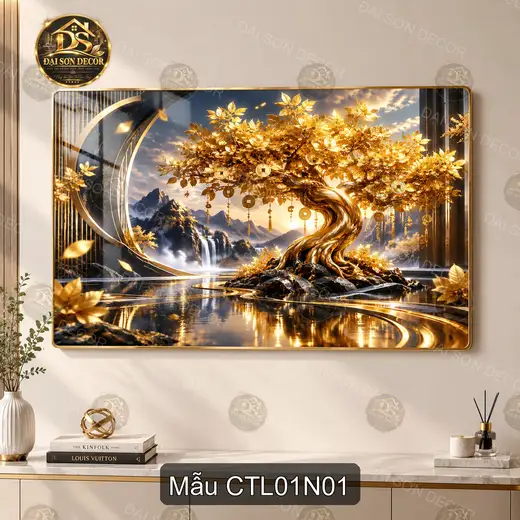 Tranh tráng gương cây tài lộc vàng phong cảnh núi thác nước decor phòng khách sang trọng CTL01N01