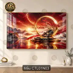 Tranh tráng gương cây tài lộc vàng phong cảnh núi thác nước decor phòng khách sang trọng CTL01N01
