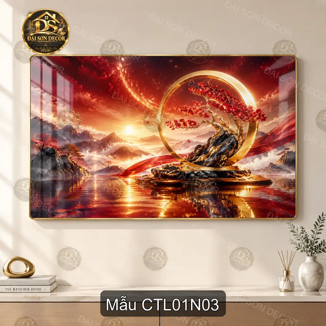 Tranh tráng gương cây tài lộc vàng phong cảnh núi thác nước decor phòng khách sang trọng CTL01N01