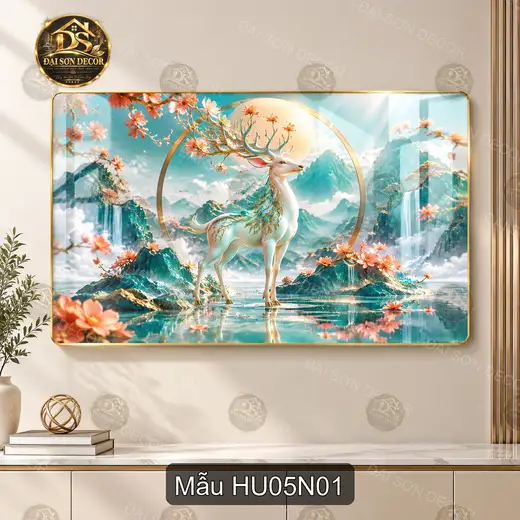 Tranh tráng gương Hươu 005 nai hoa đào núi non decor phòng khách sang trọng