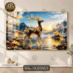 Tranh tráng gương Hươu 005 nai hoa đào núi non decor phòng khách sang trọng