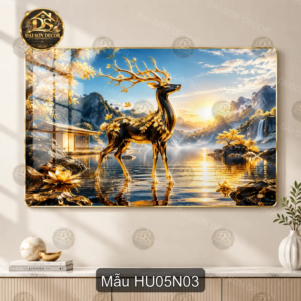Tranh tráng gương Hươu 005 nai hoa đào núi non decor phòng khách sang trọng