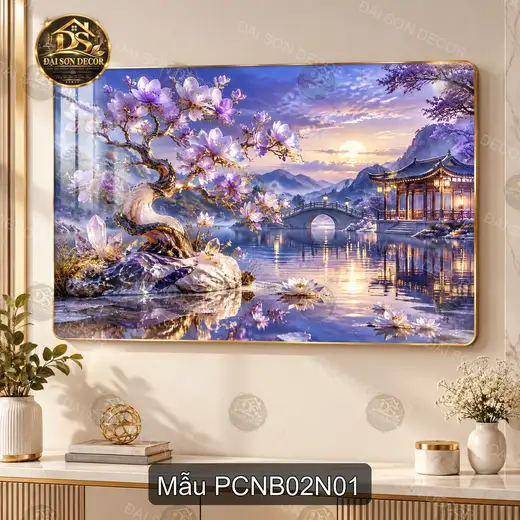 Tranh tráng gương Phong cảnh Nhật Bản 002 hoa anh đào hồ nước trang trí phòng khách