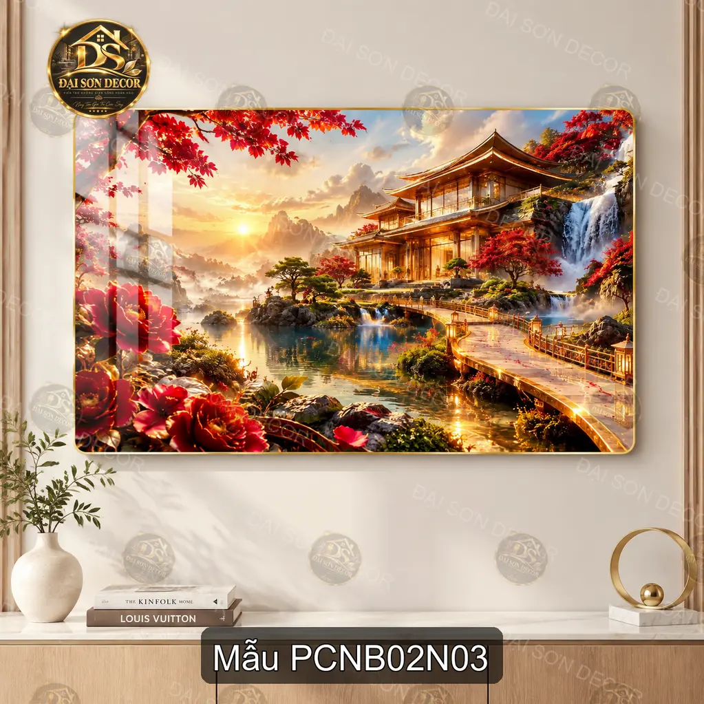 Tranh tráng gương Phong cảnh Nhật Bản 002 hoa anh đào hồ nước trang trí phòng khách