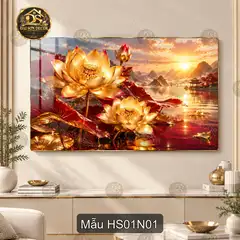 Tranh tráng gương Hoa sen 001 nghệ thuật hồ sen hoàng hôn decor phòng khách sang trọng HS01N01