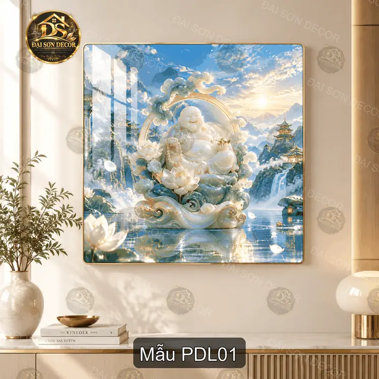 Tranh tráng gương Phật Di Lặc ngồi sen decor phòng khách quà tặng ý nghĩa