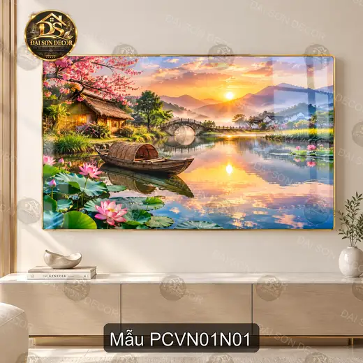 Tranh tráng gương Phong cảnh Việt Nam 001 đầm sen thuyền quê hương decor phòng khách