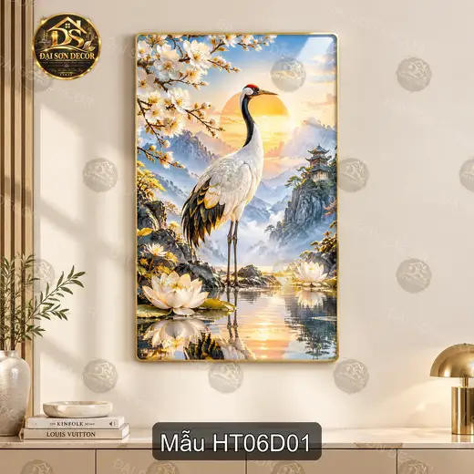 Tranh tráng gương hạc tiên dọc sang trọng decor phòng khách dễ phối nội thất Hạc tiên 006
