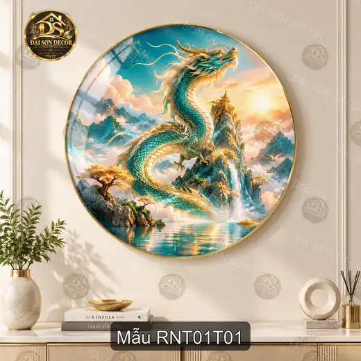 Tranh tròn tráng gương Rồng nghệ thuật 001 decor phòng khách phong cách Á Đông làm quà tặng
