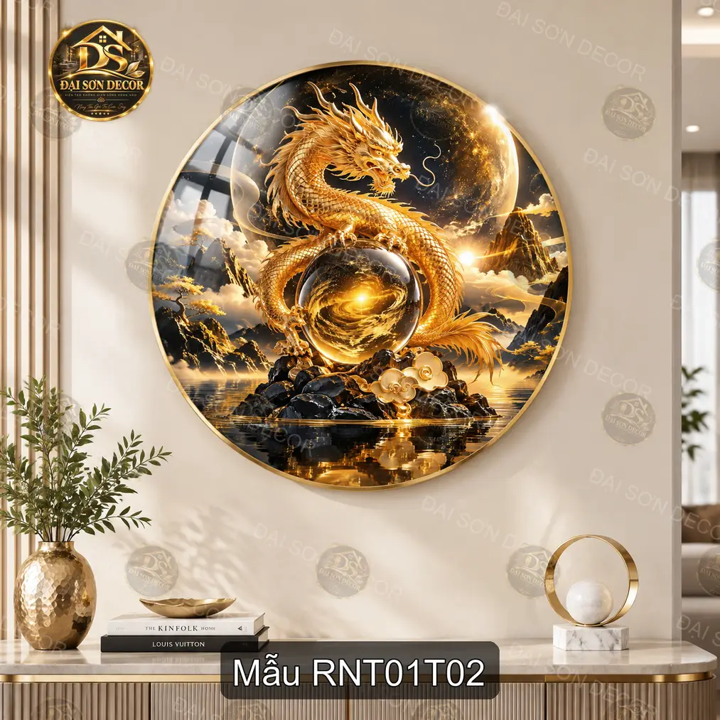 Tranh tròn tráng gương Rồng nghệ thuật 001 decor phòng khách phong cách Á Đông làm quà tặng