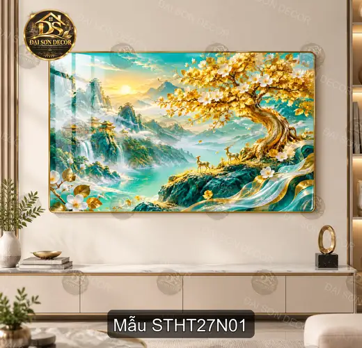 Tranh tráng gương Sơn thủy hữu tình 027 cây mai vàng thác nước trang trí phòng khách