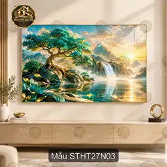 Tranh tráng gương Sơn thủy hữu tình 027 cây mai vàng thác nước trang trí phòng khách