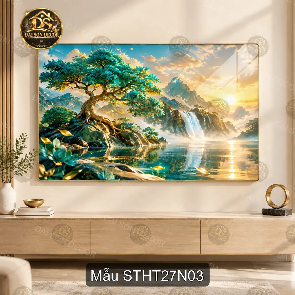Tranh tráng gương Sơn thủy hữu tình 027 cây mai vàng thác nước trang trí phòng khách