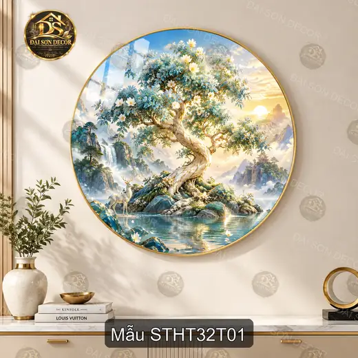 Tranh tròn tráng gương Sơn thủy hữu tình 032 cây hoa hươu bên hồ treo tường