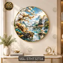 Tranh tròn tráng gương Sơn thủy hữu tình 032 cây hoa hươu bên hồ treo tường