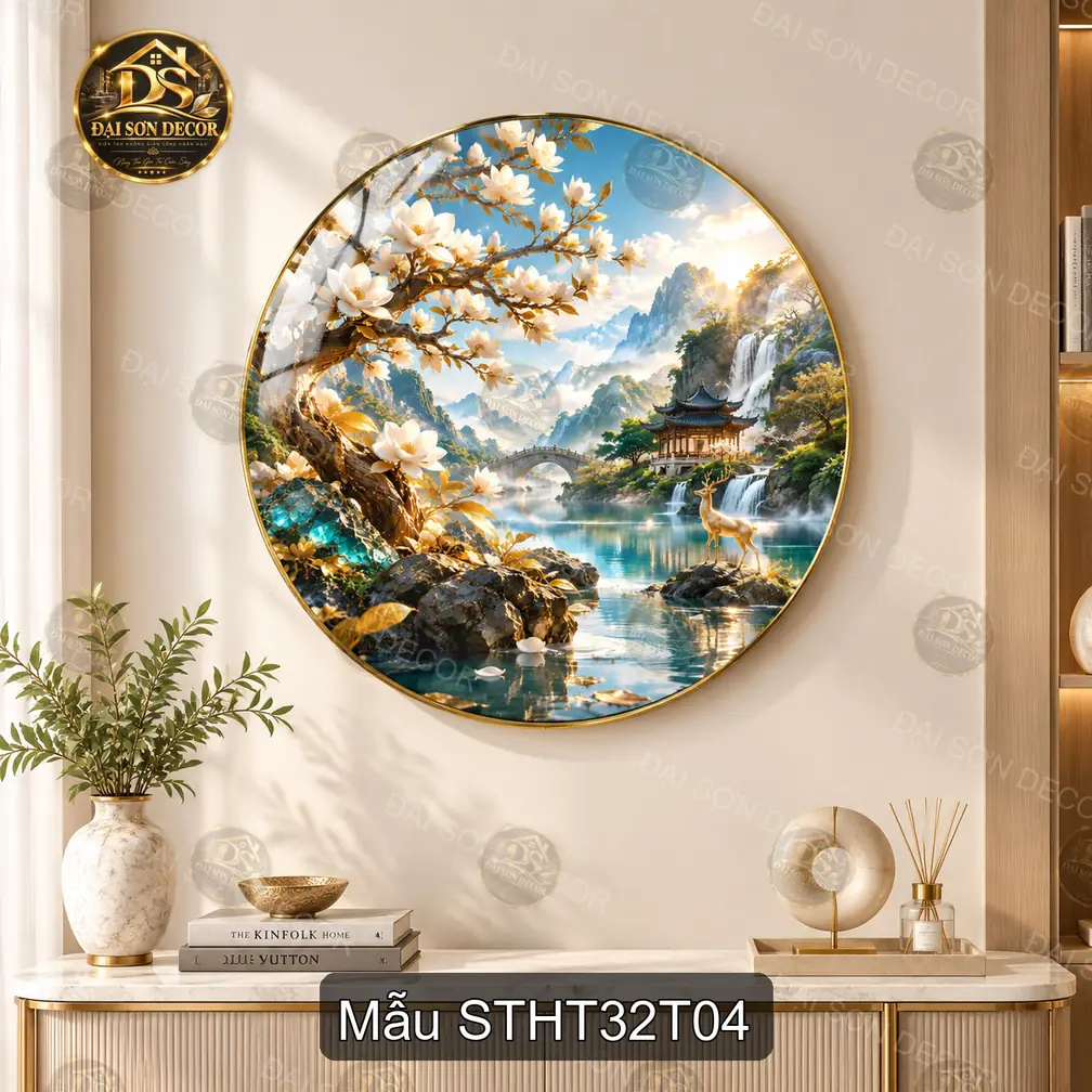 Tranh tròn tráng gương Sơn thủy hữu tình 032 cây hoa hươu bên hồ treo tường