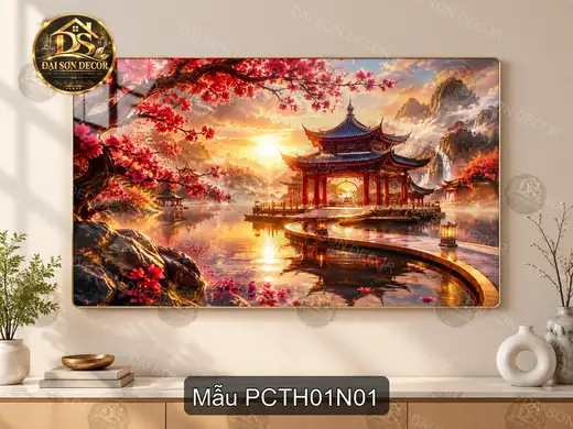 Tranh tráng gương phong cảnh Trung Hoa đình ven hồ hoa đào decor phòng khách sang trọng