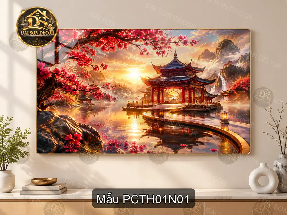 Tranh tráng gương phong cảnh Trung Hoa đình ven hồ hoa đào decor phòng khách sang trọng