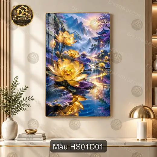 Tranh tráng gương hoa sen vàng phong cảnh sơn thủy sang trọng decor phòng khách