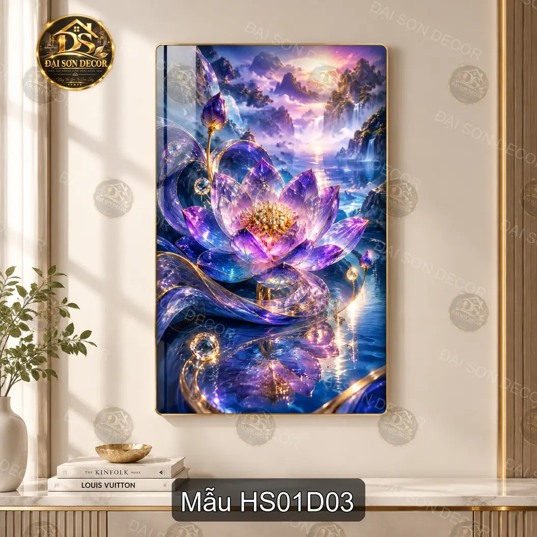 Tranh tráng gương hoa sen vàng phong cảnh sơn thủy sang trọng decor phòng khách