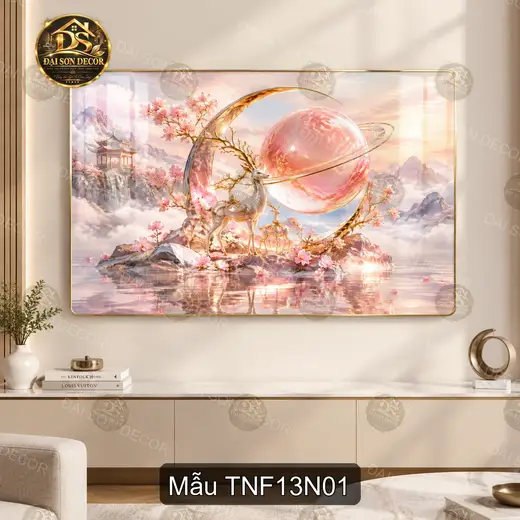 Tranh tráng gương Thiên nhiên fantasy 013 hươu thần hành tinh hồng hiện đại treo tường phòng khách