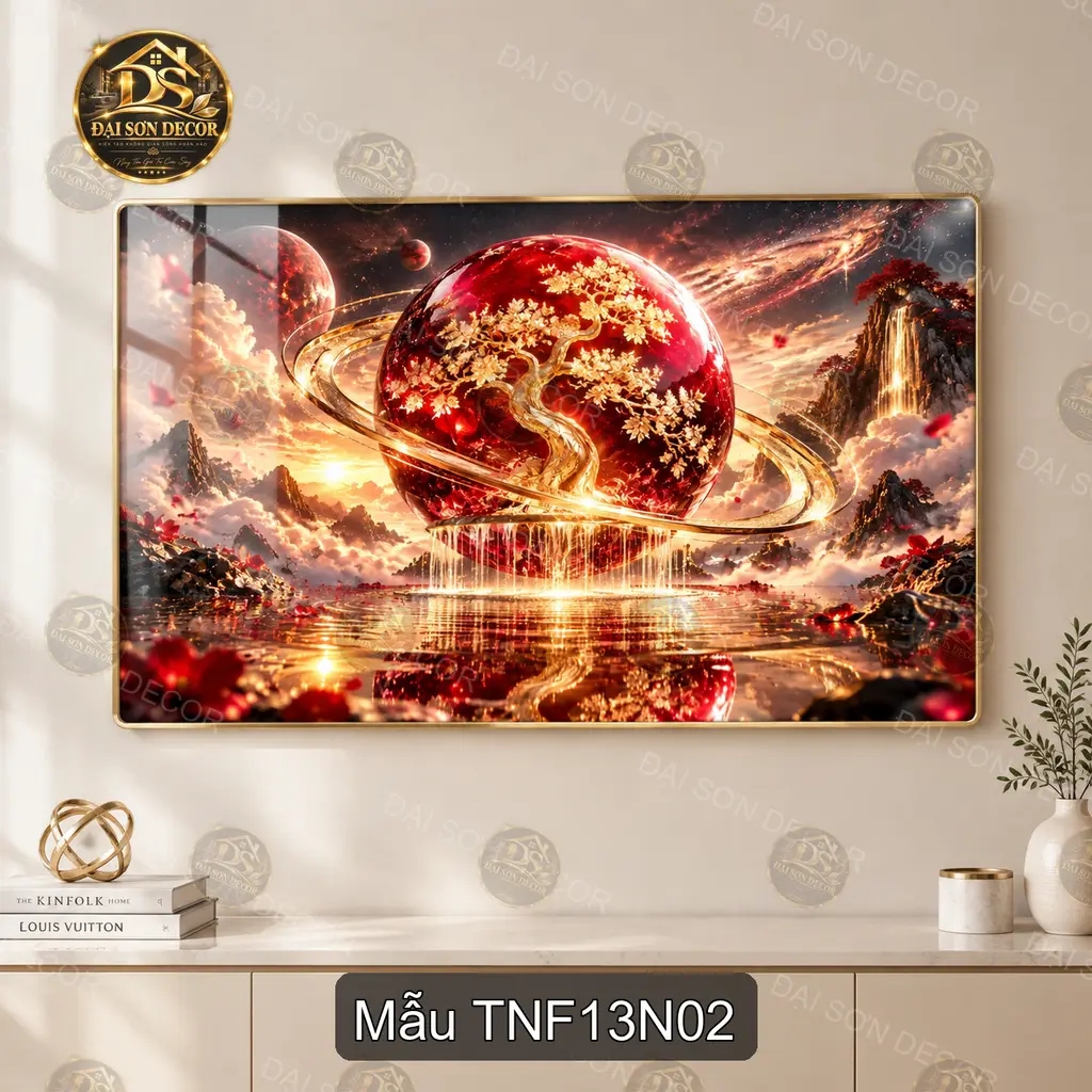 Tranh tráng gương Thiên nhiên fantasy 013 hươu thần hành tinh hồng hiện đại treo tường phòng khách