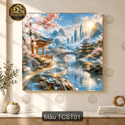 Tranh tráng gương vuông Tiên cảnh sơn thủy decor phòng khách hiện đại