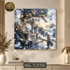 Tranh tráng gương vuông Tiên cảnh sơn thủy decor phòng khách hiện đại