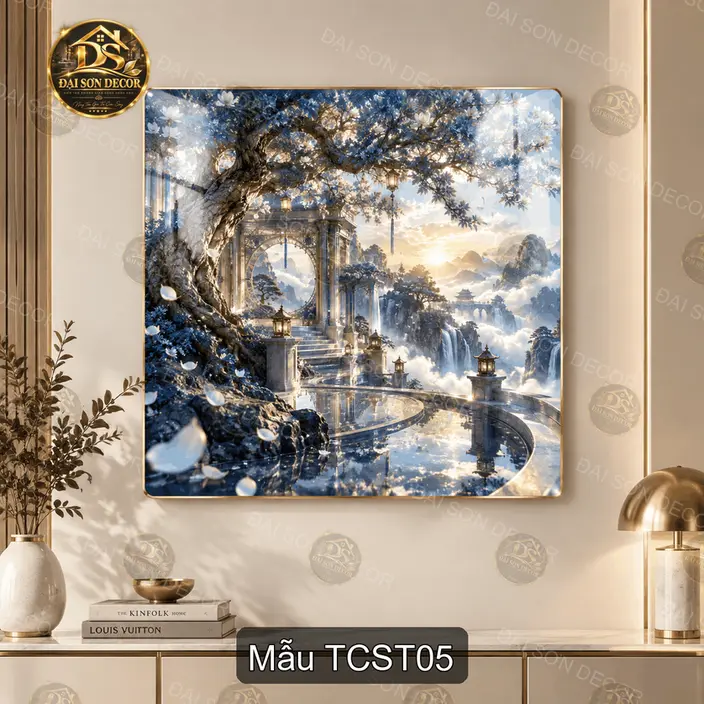 Tranh tráng gương vuông Tiên cảnh sơn thủy decor phòng khách hiện đại