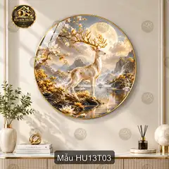 Tranh tròn tráng gương đôi hươu bên hồ sen phong cảnh sơn thủy trang trí phòng khách