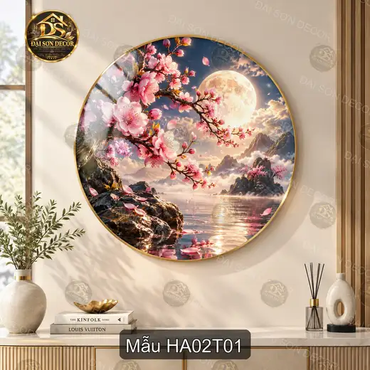Tranh tráng gương tròn Hoa đào 002 phong cảnh hiện đại treo tường phòng khách sáng đẹp