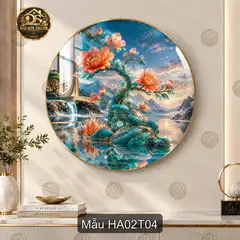 Tranh tráng gương tròn Hoa đào 002 phong cảnh hiện đại treo tường phòng khách sáng đẹp