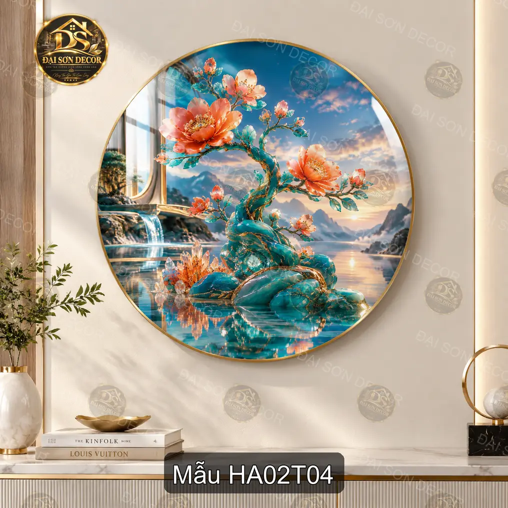 Tranh tráng gương tròn Hoa đào 002 phong cảnh hiện đại treo tường phòng khách sáng đẹp