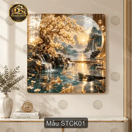 Tranh tráng gương sơn thủy cá koi phong cảnh thác nước decor phòng khách sang trọng