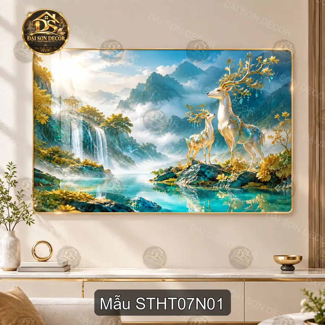 Tranh treo tường Sơn thủy hữu tình 007 hươu bên hồ núi cảnh đẹp trang trí nội thất