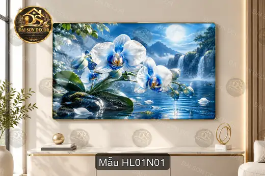 Tranh tráng gương Hoa lan xanh bên thác nước decor phòng khách phòng làm việc sang trọng HL01N01