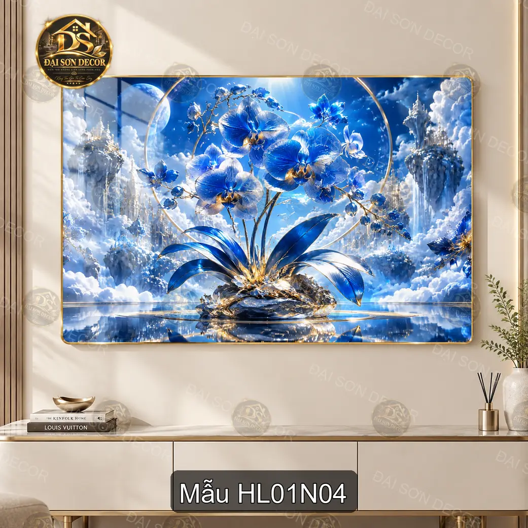Tranh tráng gương Hoa lan xanh bên thác nước decor phòng khách phòng làm việc sang trọng HL01N01