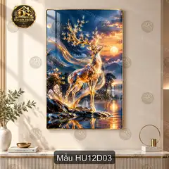 Tranh tráng gương Hươu 012 treo dọc phong cảnh hươu đôi núi rừng trang trí phòng khách