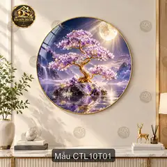 Tranh tráng gương tròn Cây tài lộc 010 hoa tím sang trọng dễ phối nội thất phòng khách