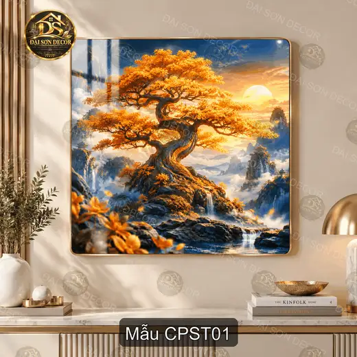 Tranh tráng gương cây phong sơn thủy vuông decor phòng khách sang trọng